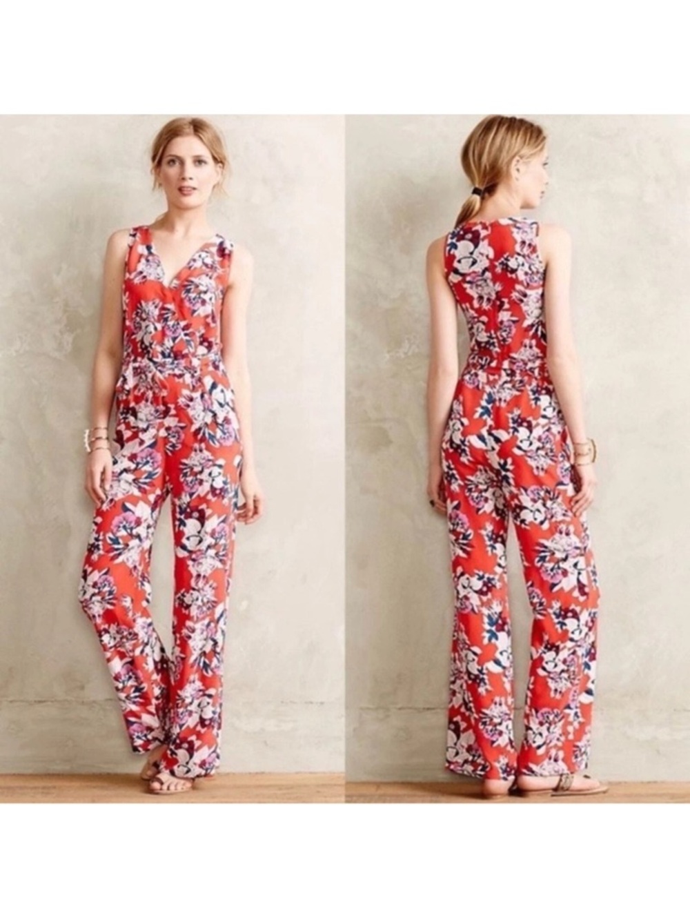 Yumi Kim Red Floral V-Neck Wide-Leg Jumpsuit